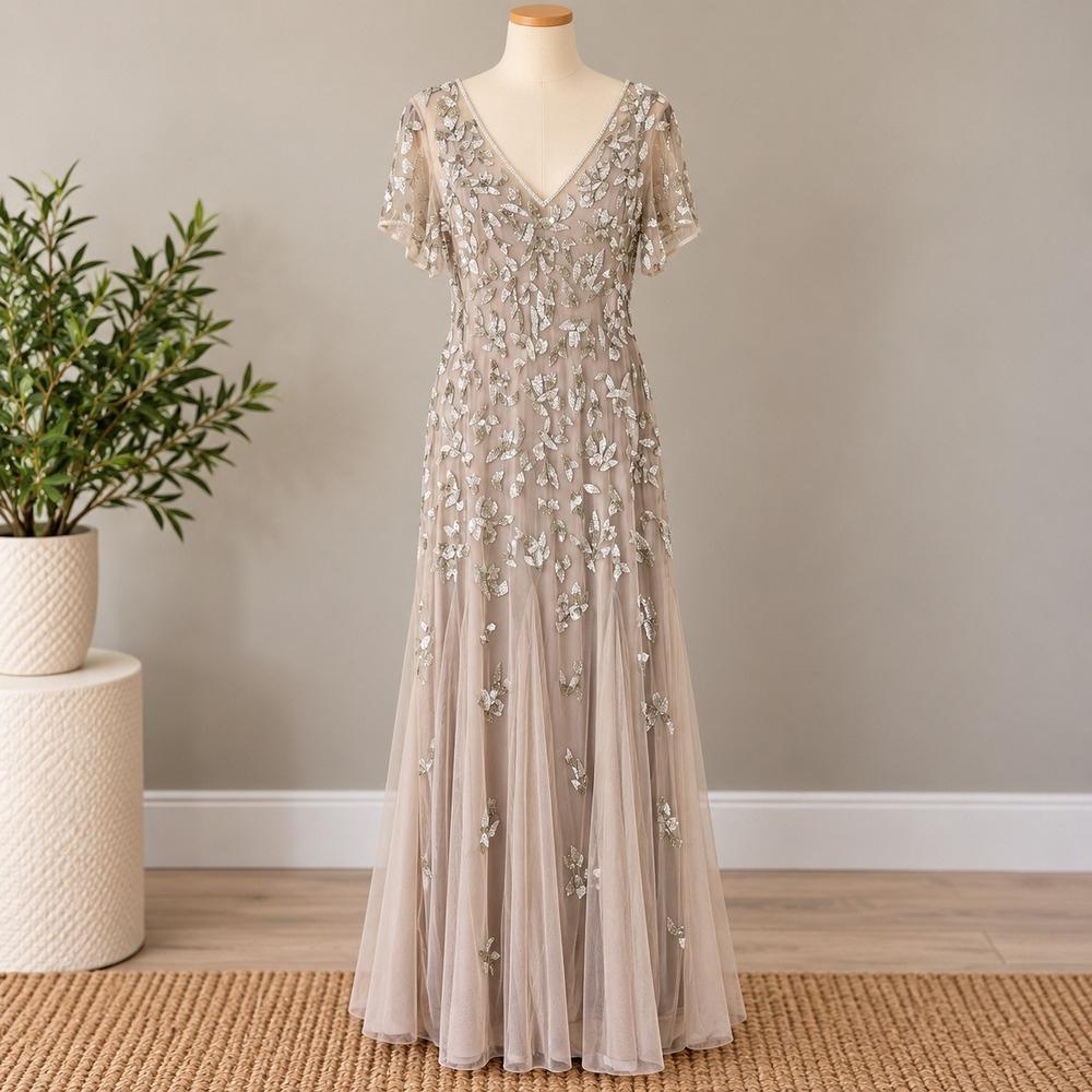 Adrianna Papell Gown Taupe Beaded Floral Wedding Gala Formal Dress Sz 18